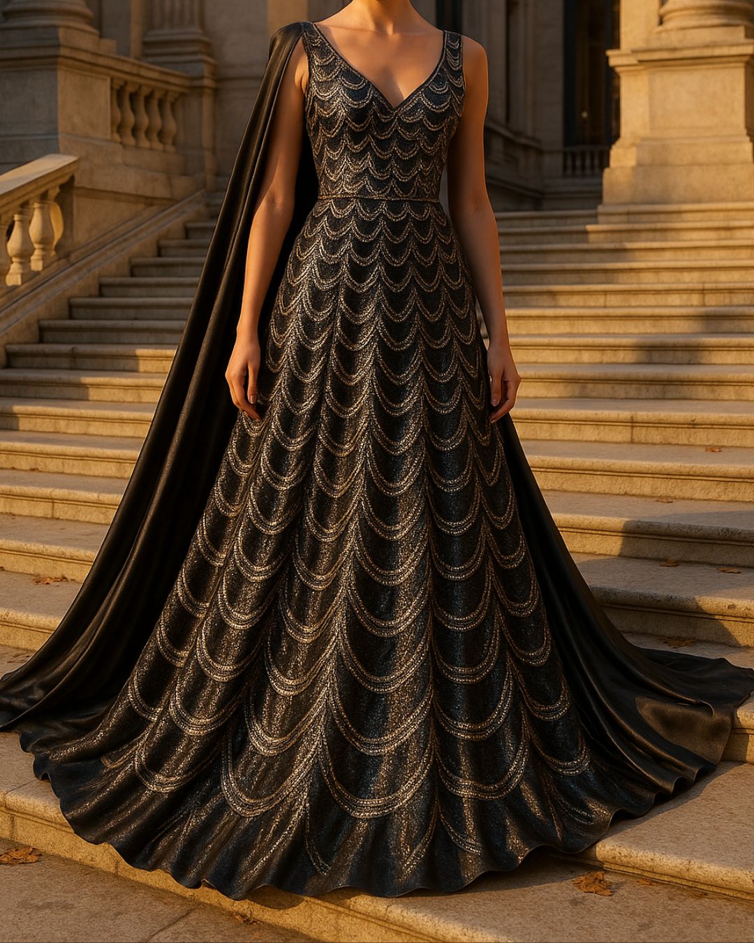 Command the night in this opulent black silk evening gown, where sculptural elegance meets couture shimmer. Meticulously crafted from a lustrous black and gold-silver silk blend, the gown features cascading scallop sequin embroidery that glimmers with every movement, creating a mesmerizing play of light and shadow.
The tailored bodice flows into a voluminous skirt, sculpting a statuesque silhouette, while the dramatic satin cape draped over the shoulder adds a cinematic flourish.