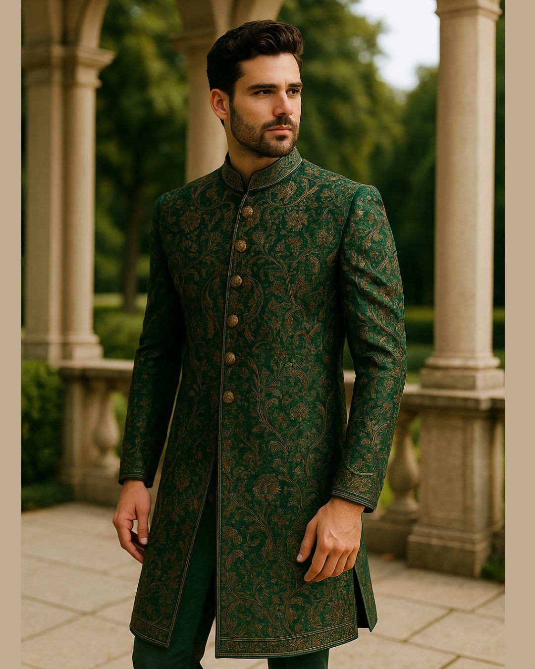 Make a striking entrance in this bronze sherwani, crafted in a premium silk blend and adorned with intricate metallic embroidery that highlights its sculpted, contemporary cut. The sharp, modern silhouette features structured shoulders and a sleek drape, while subtle tonal sheen and rich embroidery add depth and quiet opulence to the ensemble.
Delicate zardozi and resham work in gold and muted metallic tones enhance the sherwani’s regal essence, making it perfect for grooms and celebrants.