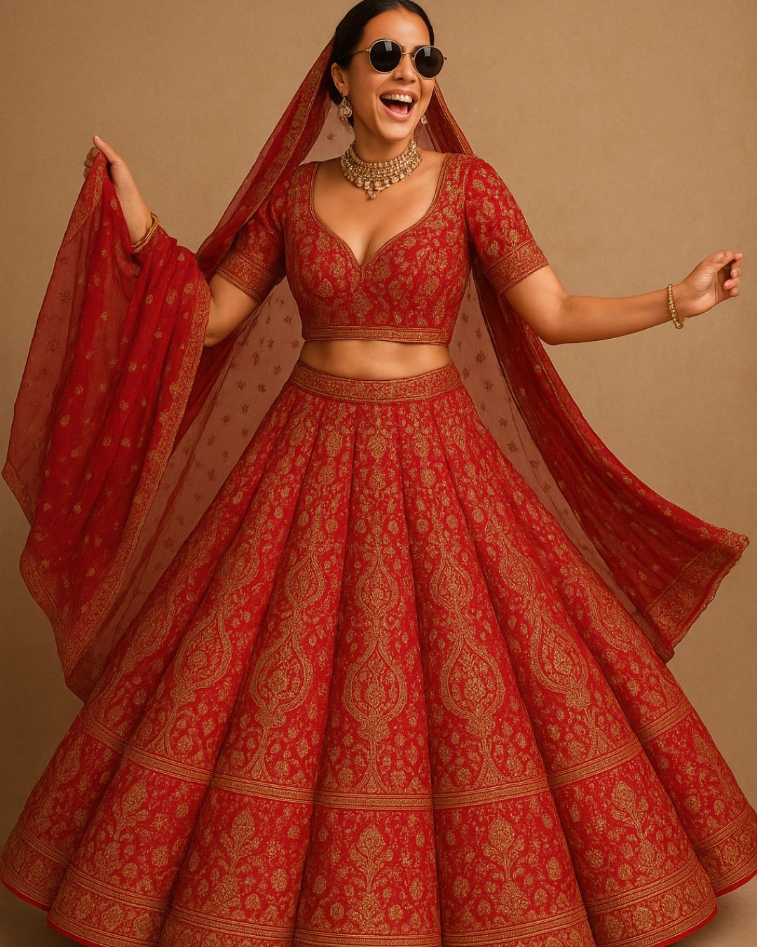 Celebrate joy with regal flair in this radiant crimson lehenga, handwoven in fine Banarasi silk and embellished with intricate gold zari motifs that narrate timeless tradition. The full-flare silhouette flows with grandeur, accentuated by broad ornamental borders inspired by Mughal artistry.
The blouse features a flattering sweetheart neckline and half sleeves, delicately adorned with matching zari work, while the sheer dupatta with buti motifs and a gilded border completes the set with ethereal charm.