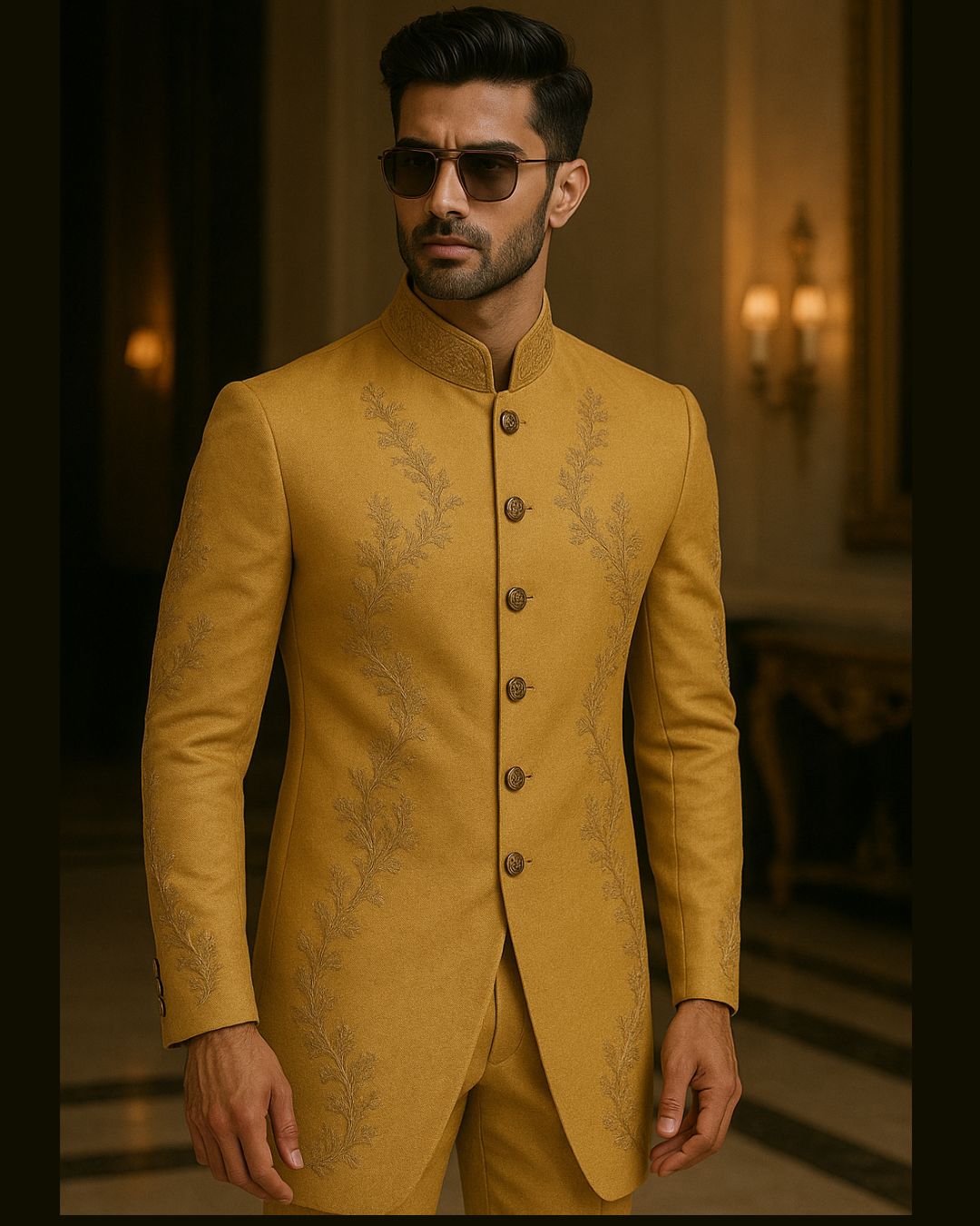 Step into timeless elegance with this golden ochre sherwani, crafted in premium silk-blend fabric with a matte finish that feels as luxurious as it looks. The silhouette features a contemporary designer cut with structured shoulders and a tapered waist, ensuring a sharp, regal presence. Delicate tonal embroidery in fine resham threads gracefully traces the front, sleeves, and back, adding depth without overwhelming the minimalist aesthetic.