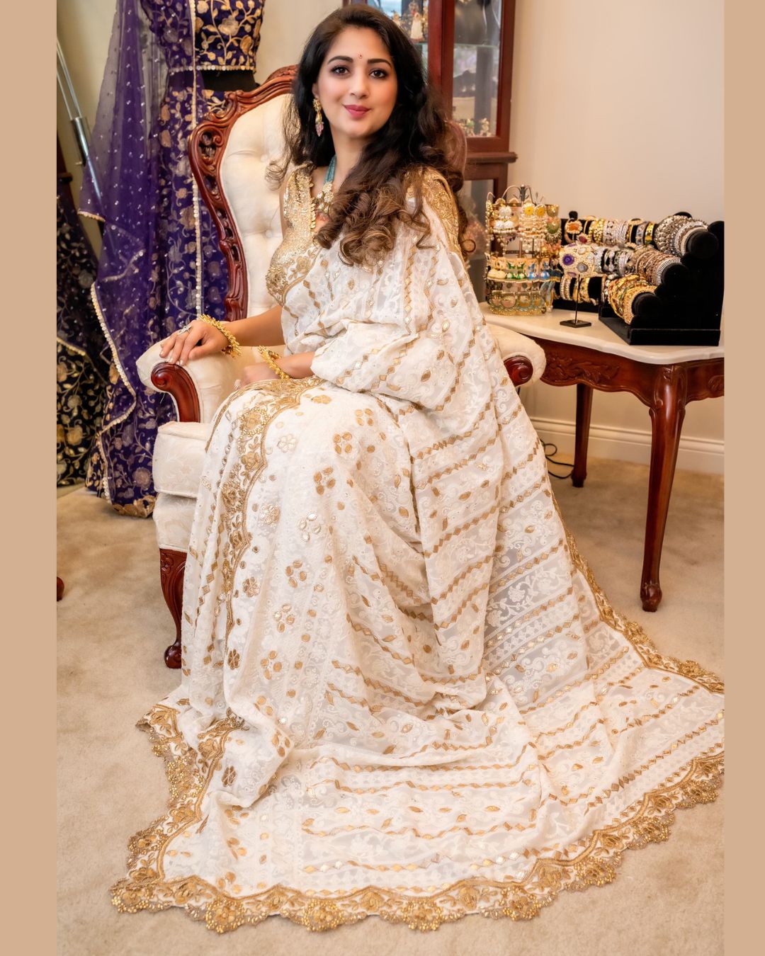 Ivory & Gold Kashmiri Mirrorwork Saree M Ivory & Gold Kashmiri Mirrorwork Saree M