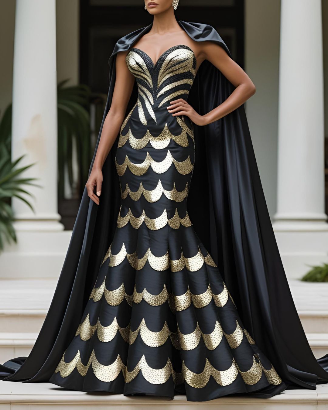Midnight Gold Art Deco Gown with Sculpted Cape CUSTOM SIZE