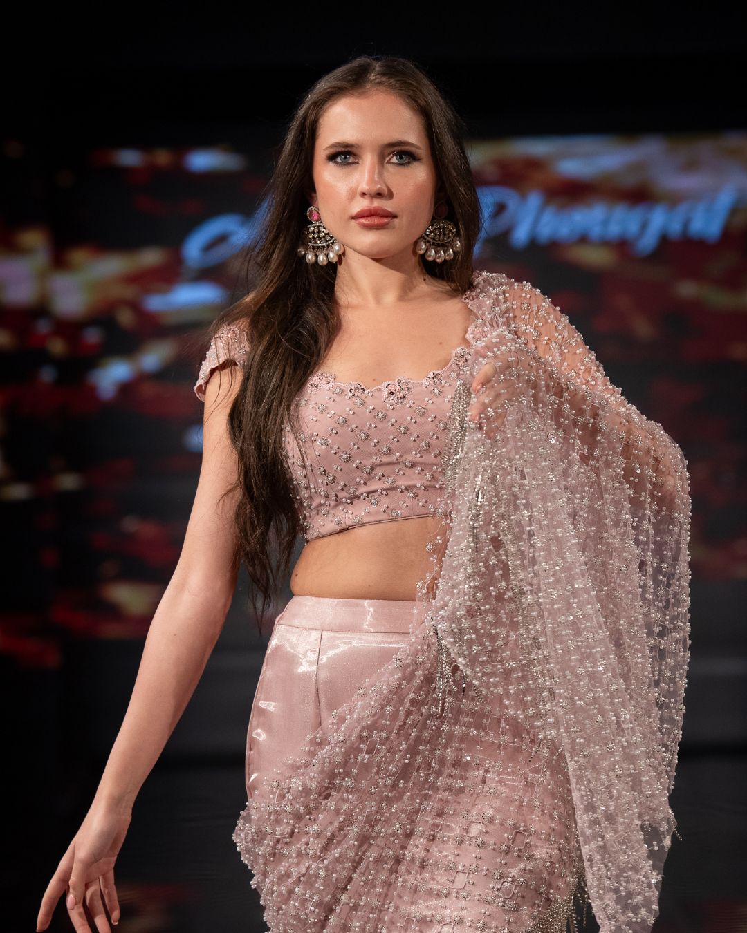 Blush Pink Embellished Mermaid Gown with Crystal Fringe Cape – Designer Dream Collection