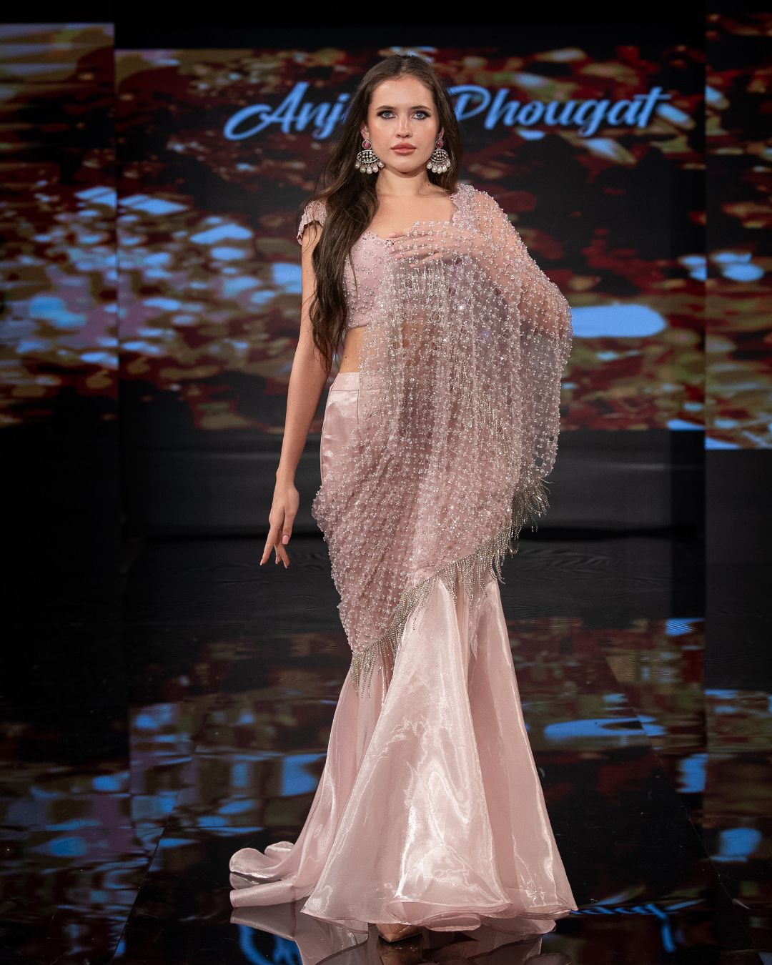 Blush Pink Embellished Mermaid Gown with Crystal Fringe Cape – Designer Dream Collection