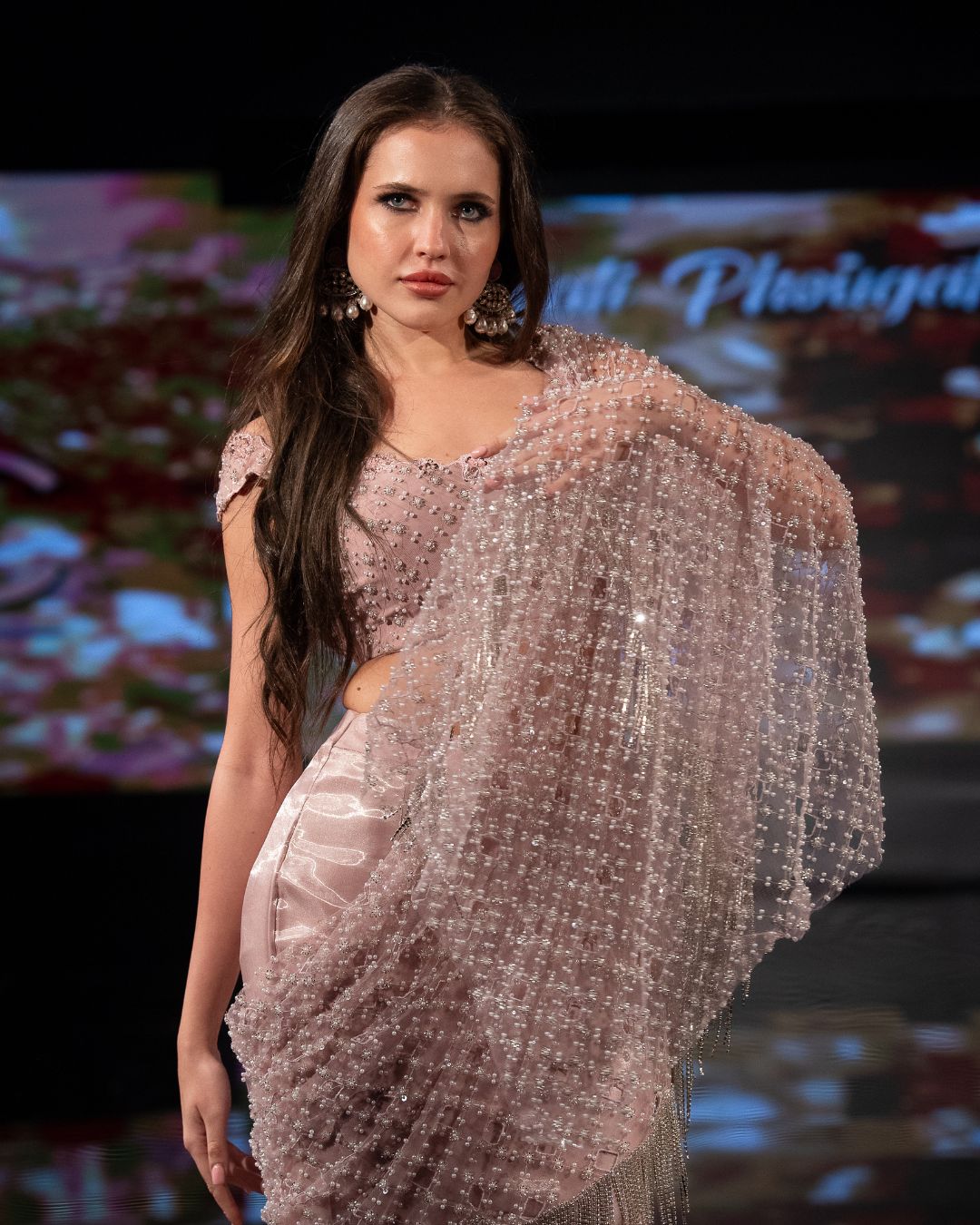 Blush Pink Embellished Mermaid Gown with Crystal Fringe Cape – Designer Dream Collection