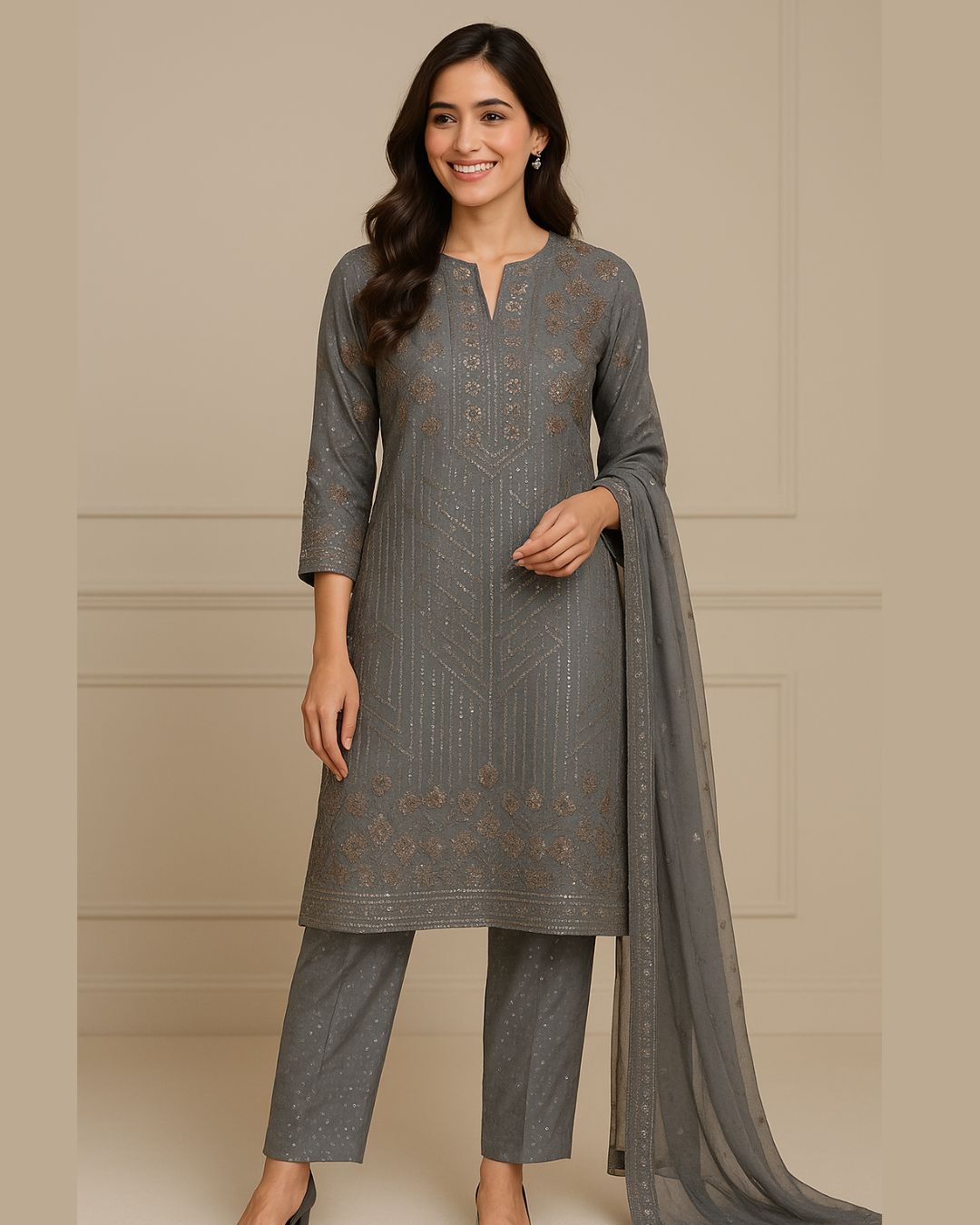 Grey Geometric Sequin Kurta Set