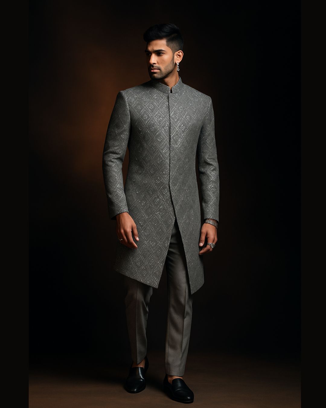 Grey Geometric Sequin Sherwani Set