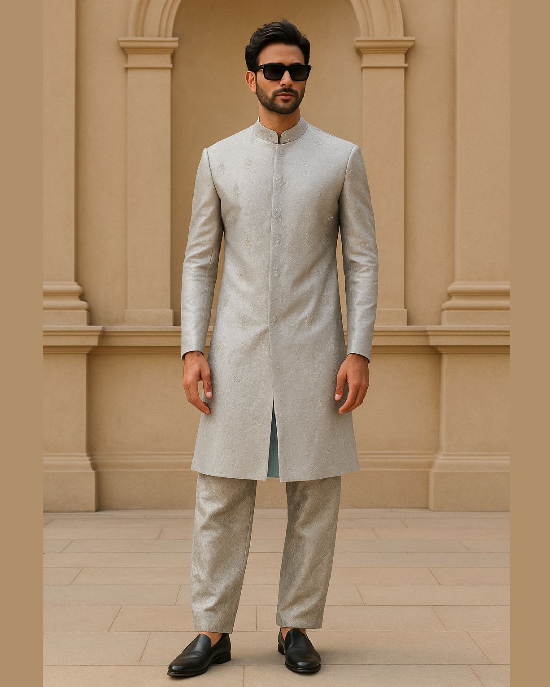 Moonlit Majesty: Silver Sherwani Set