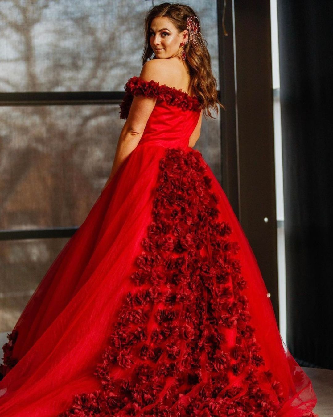 Scarlet Bloom 3D Appliqué Gown