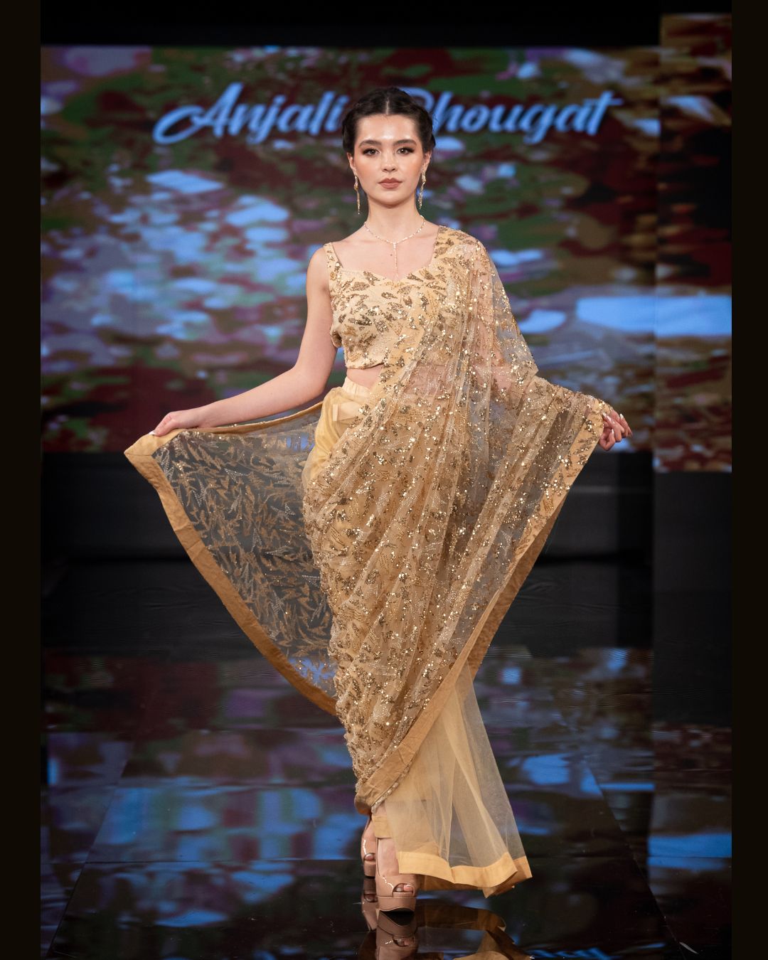Golden Net Saree with Hand Embellished Sequins & Designer Blouse – Couture by Anjali Phougat