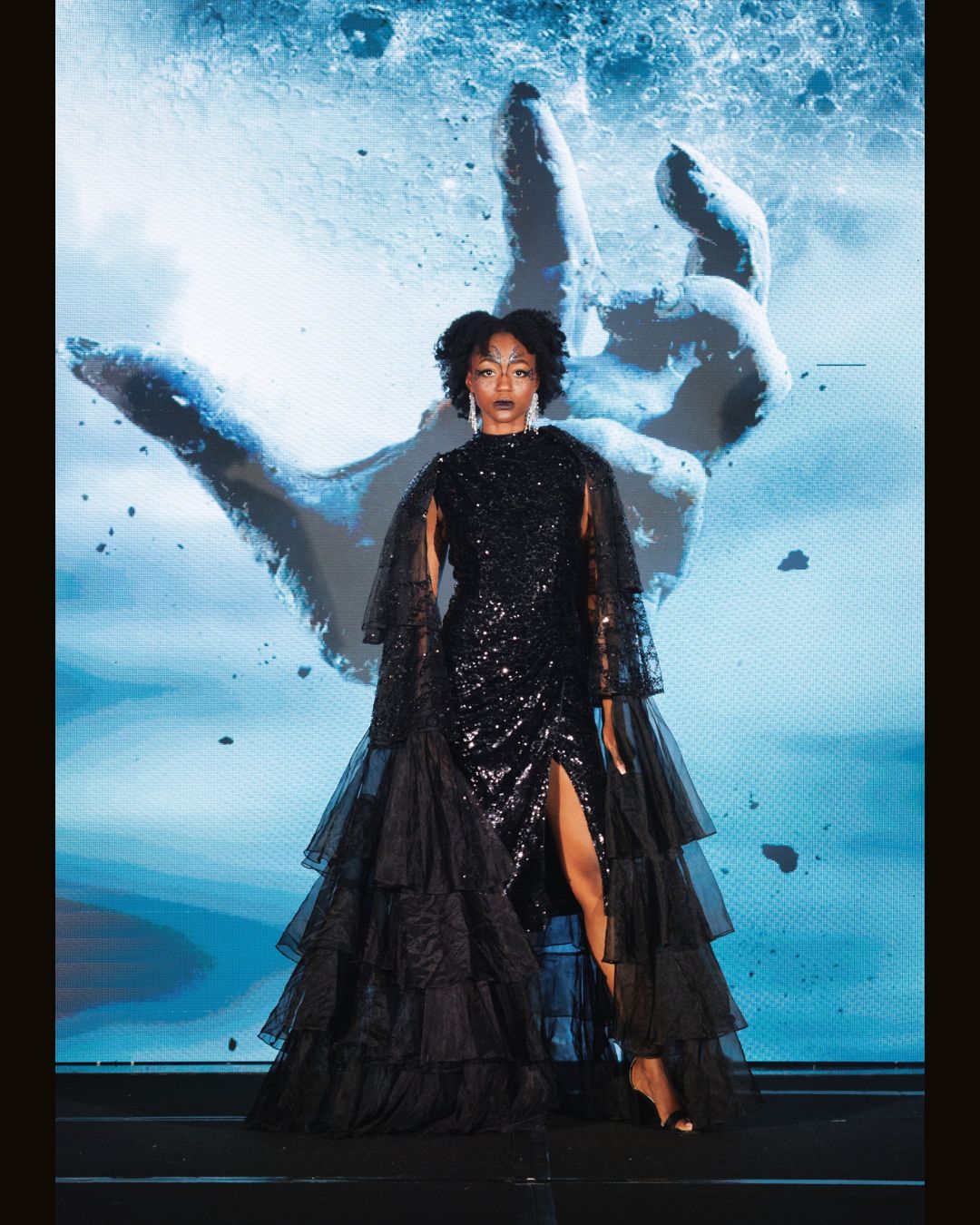 Black Sequin Gown with Tiered Ruffle Cape Sleeves Avant-Garde Couture by Anjali Phougat Black Sequin Gown with Tiered Ruffle Cape Sleeves Avant-Garde Couture by Anjali Phougat