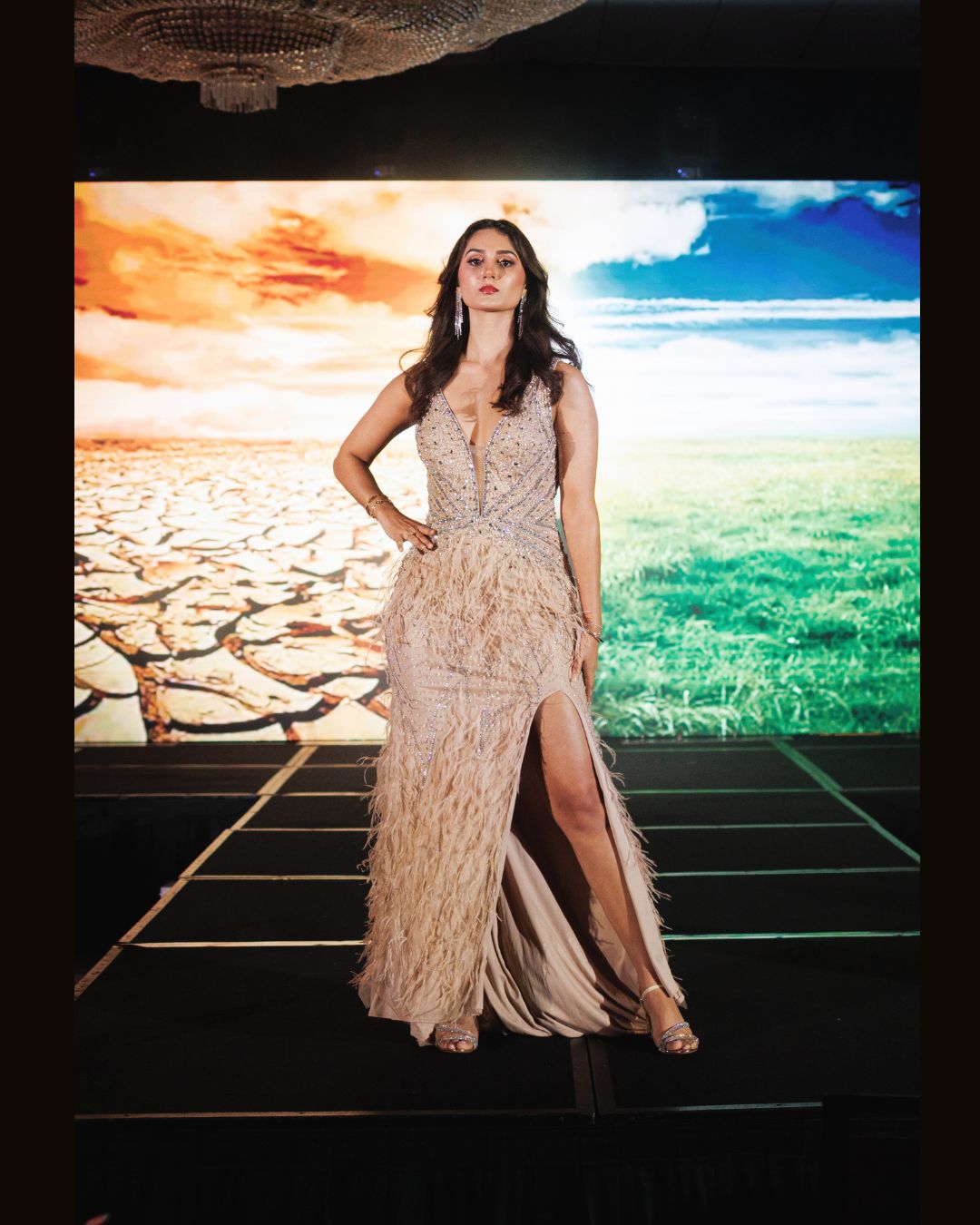 Champagne Feather-Embellished Gown with Plunging Neckline – Luxury Couture by Anjali Phougat