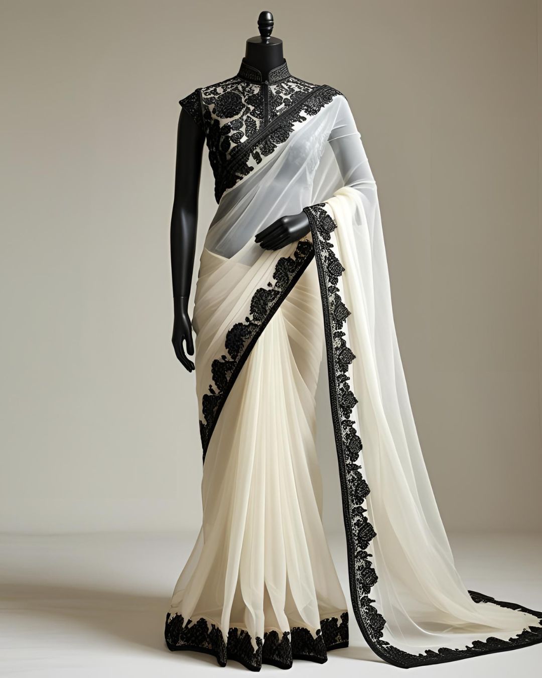 Ivory Noir: Organza Saree with Lace Elegance
