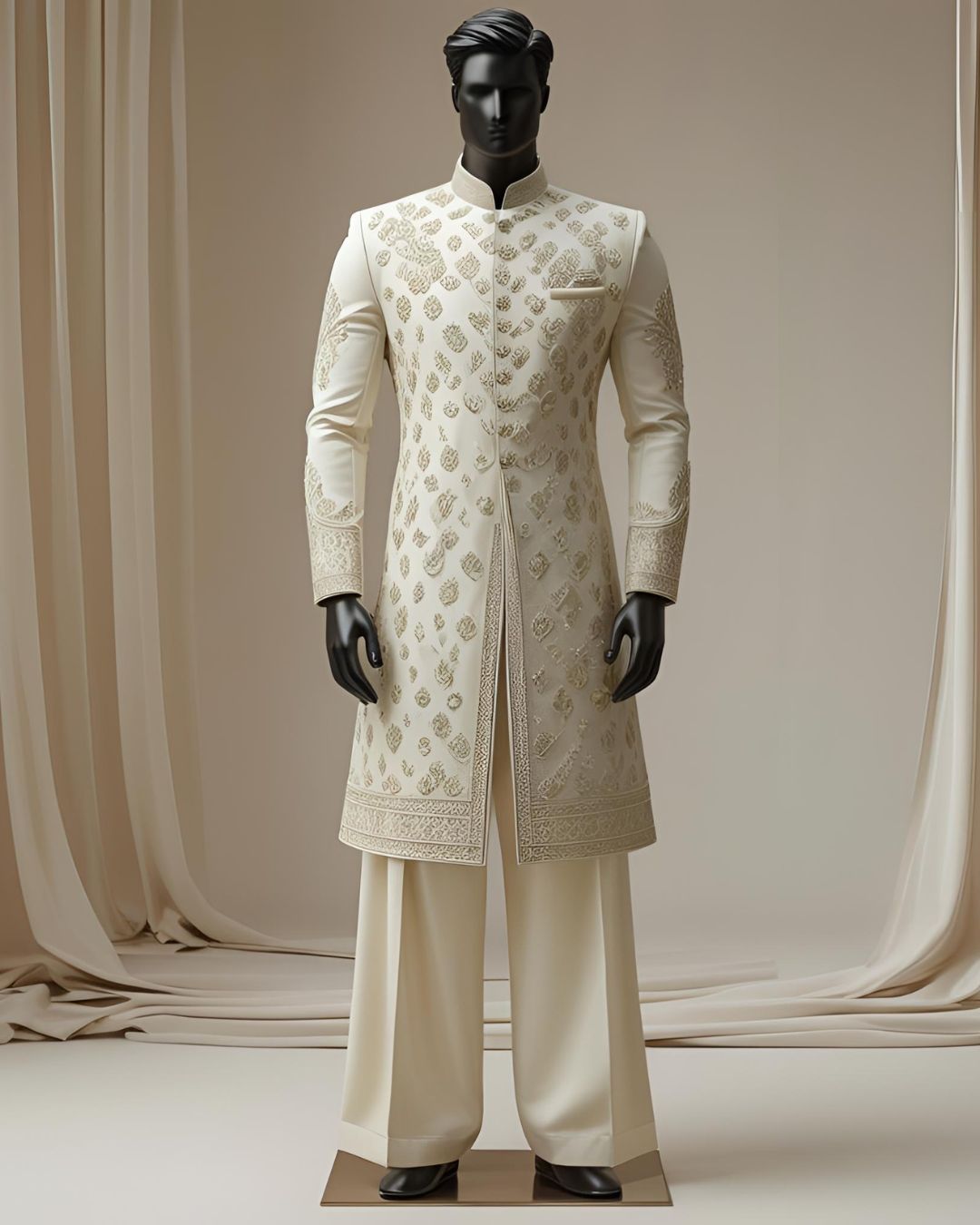 Ivory Gold Zari Embroidered Sherwani Set