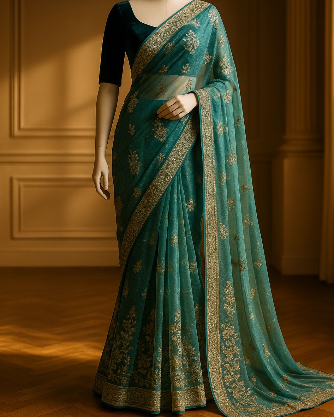 Verdant Noor – Teal Tissue Embroidered Saree Set