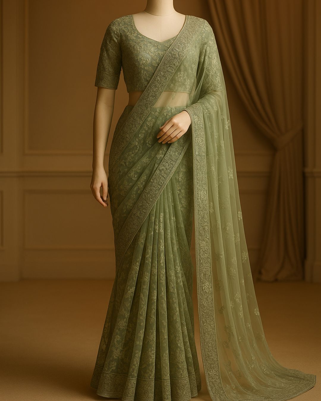 Sage Kashmiri Grace Tulle Saree Set