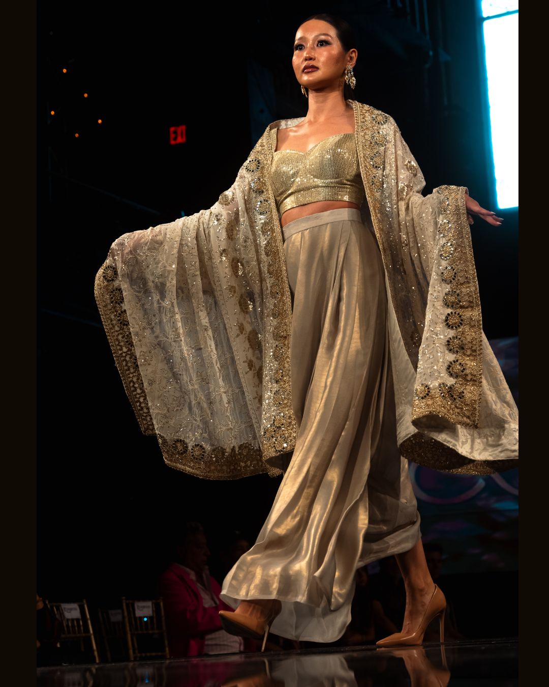Ivory Silk Palazzo Set with Golden Sequin Blouse & Embroidered Cape – Couture by Anjali Phougat