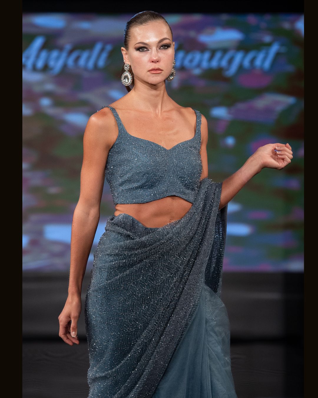 Midnight Blue Shimmer Net Saree with Designer Blouse – Luxury Couture by Anjali Phougat
