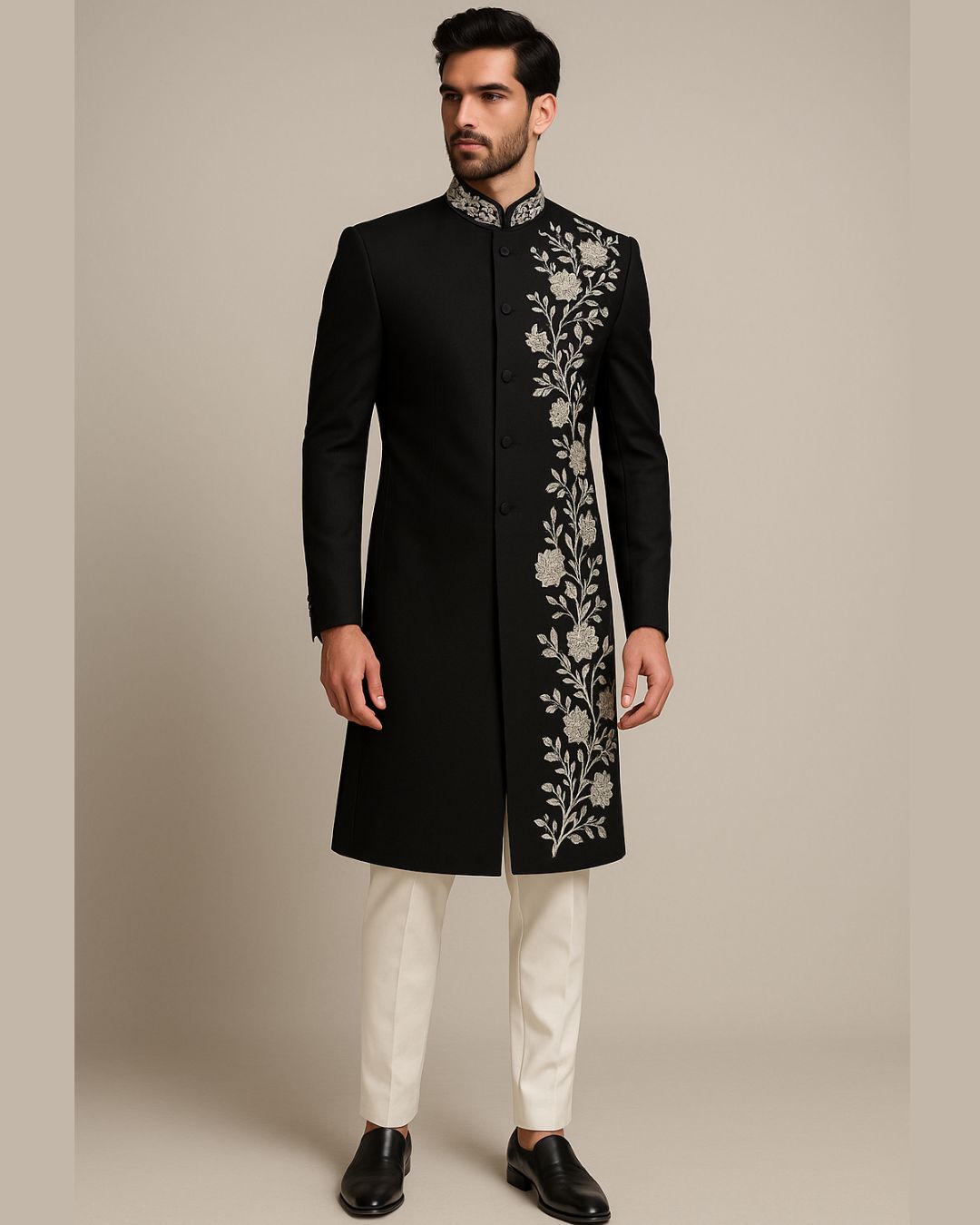 Black Floral Embroidered Sherwani Set – Anjali Phougat Couture