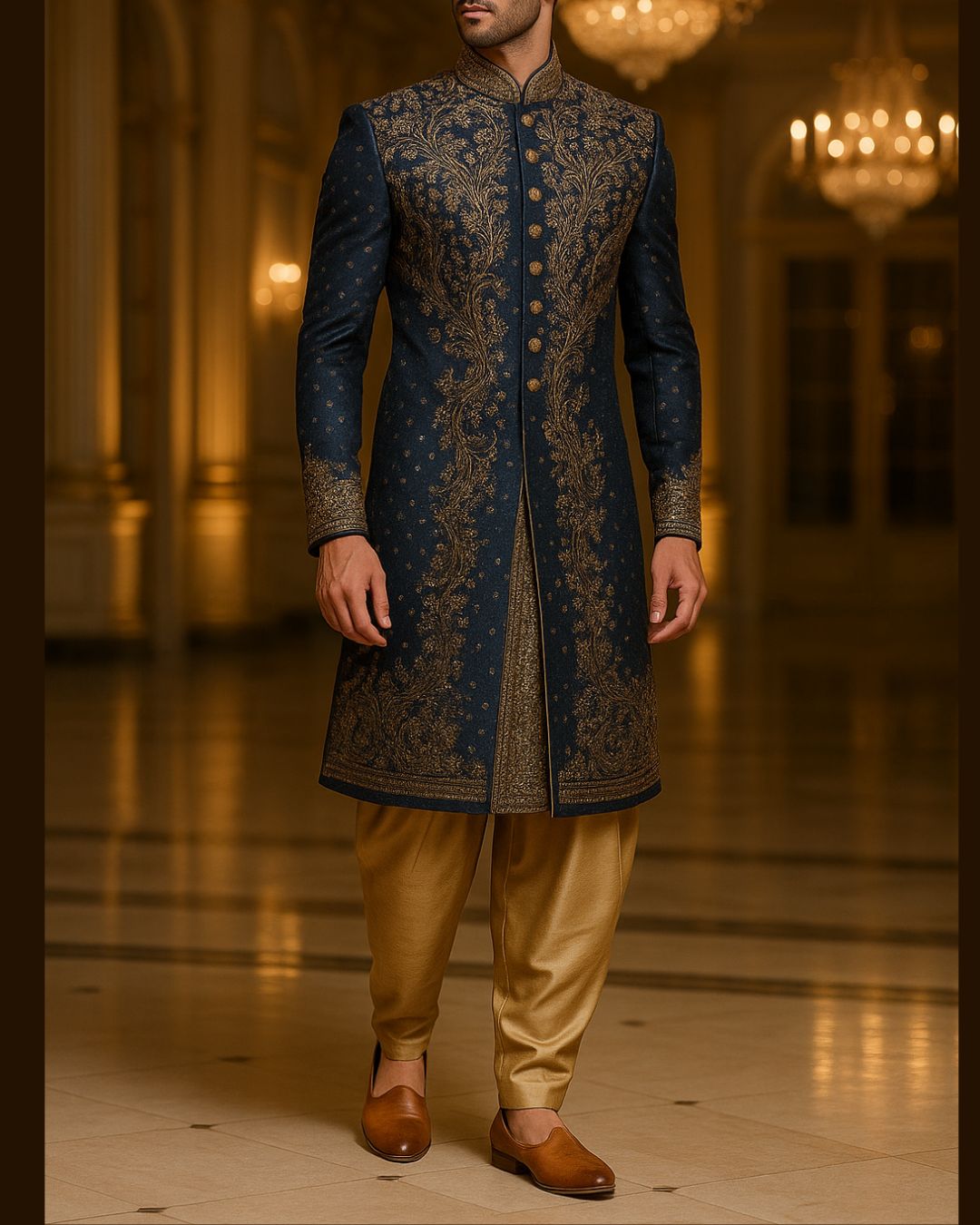 Navy Blue Zari Embroidered Sherwani Set – Anjali Phougat Menswear