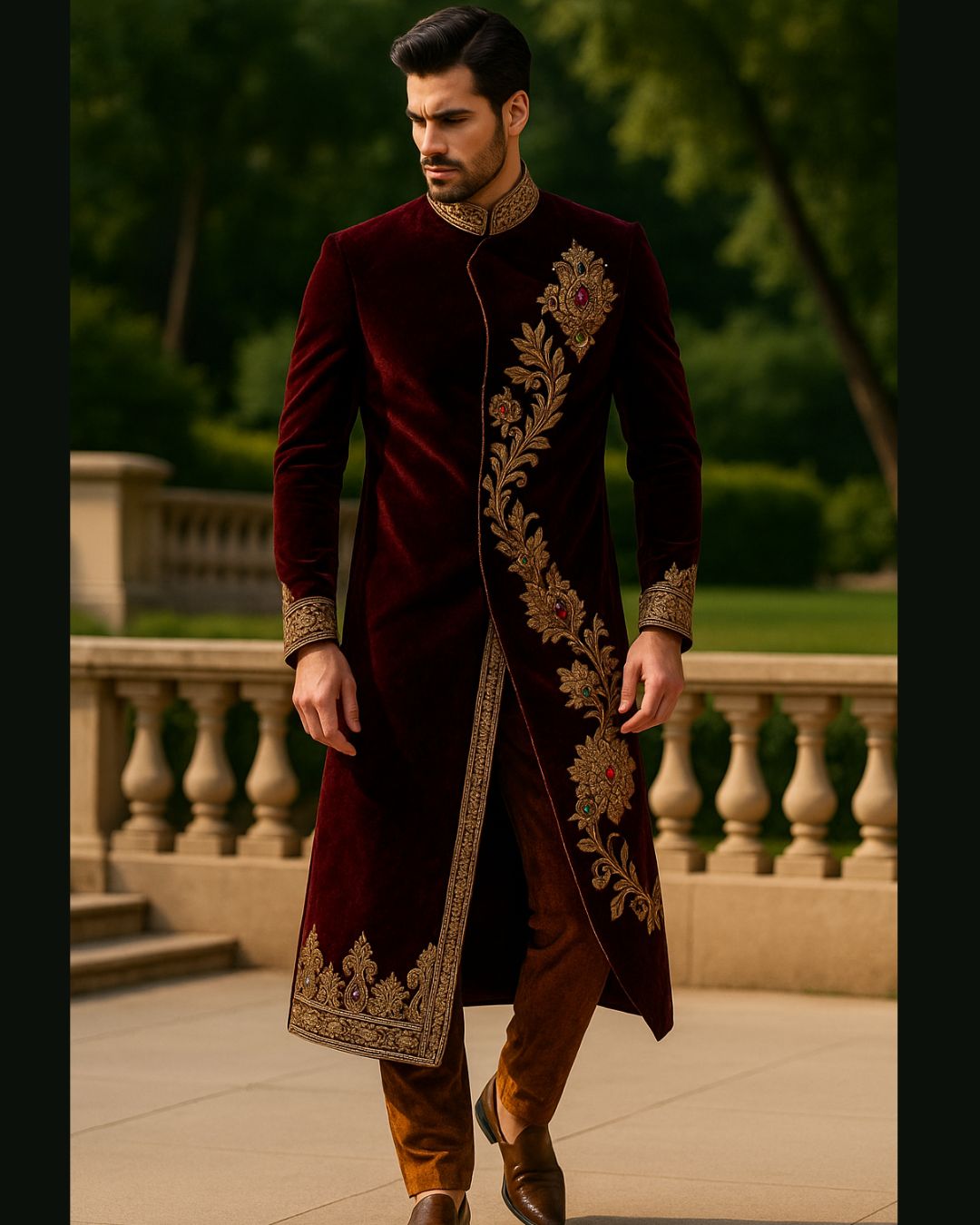 Maroon Velvet Embroidered Sherwani Set – Anjali Phougat Menswear