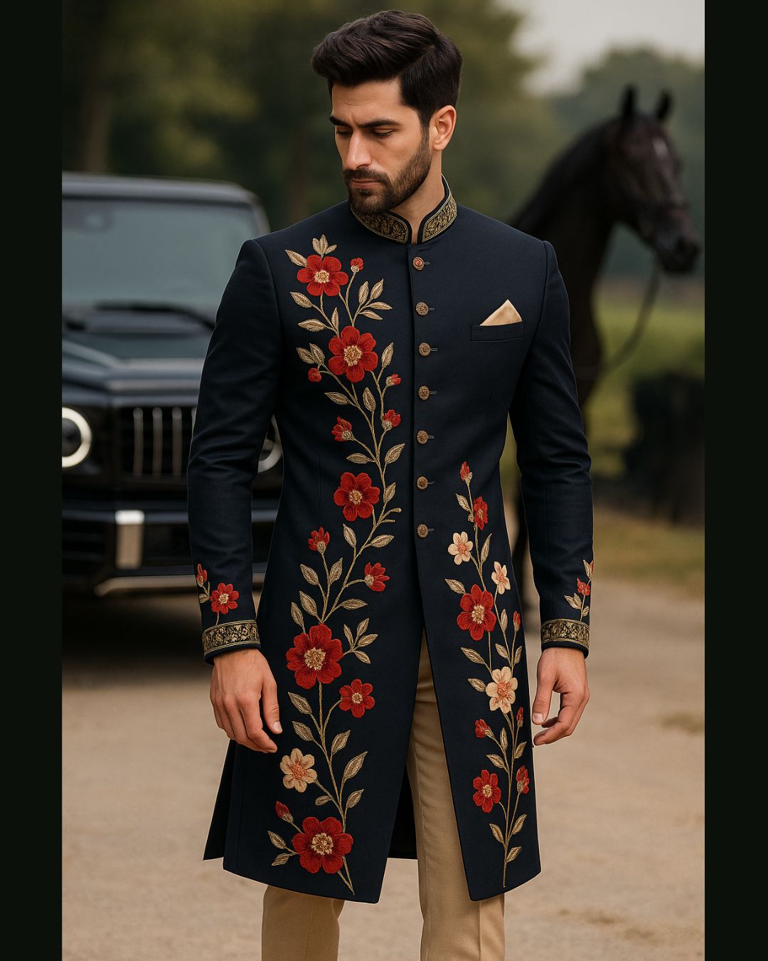 Navy Floral Embroidered Sherwani Set – Anjali Phougat Menswear
