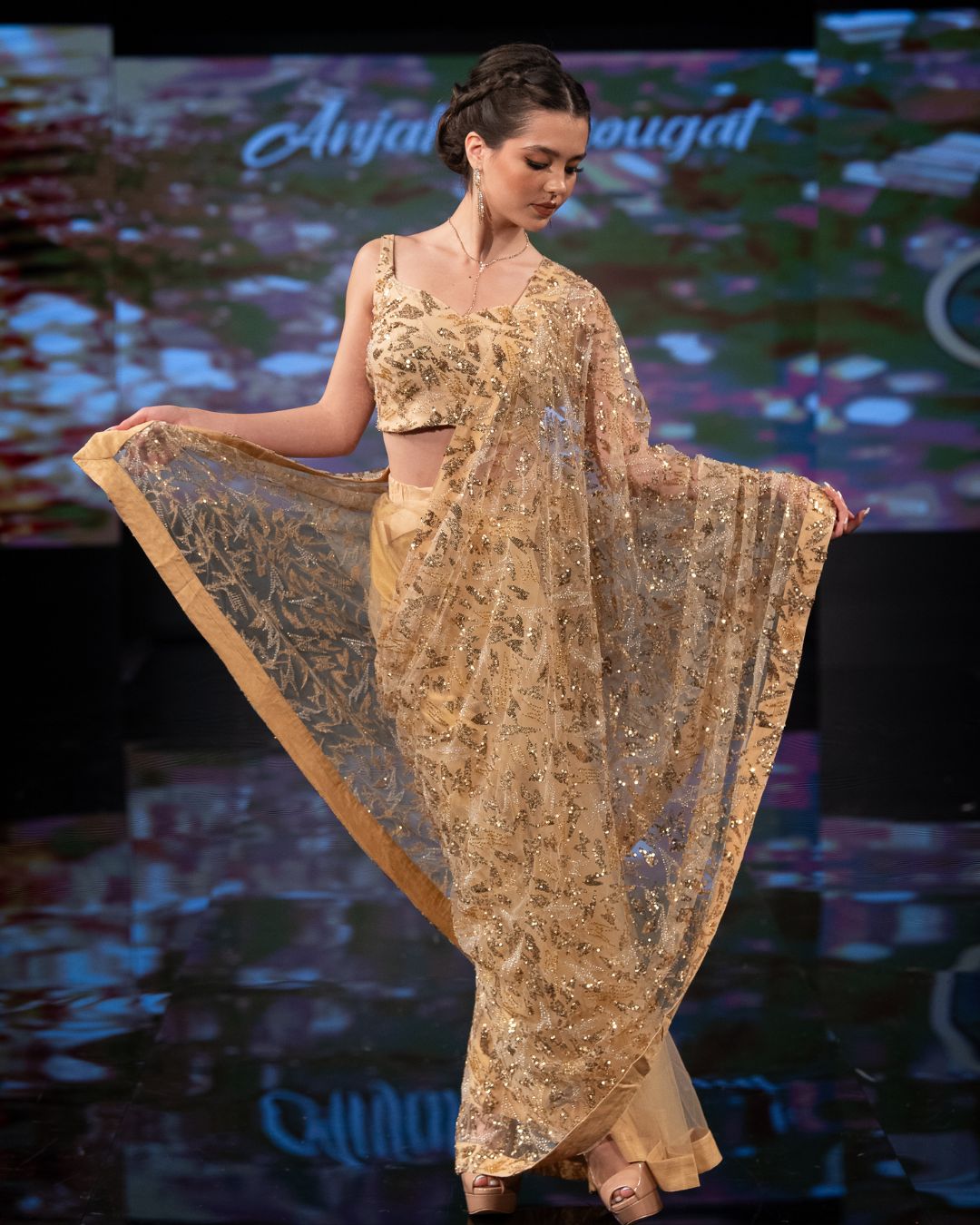 Golden Net Saree with Hand Embellished Sequins & Designer Blouse – Couture by Anjali Phougat