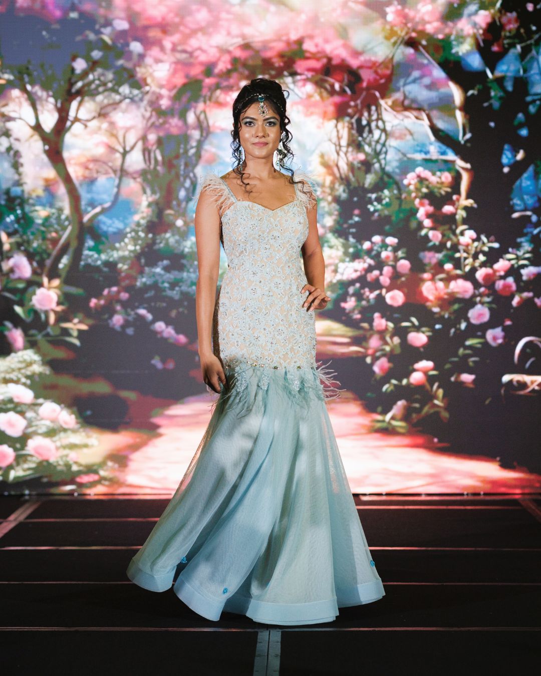 Powder Blue Feather-Accented Gown with Embroidered Bodice – Fairytale Couture by Anjali Phougat