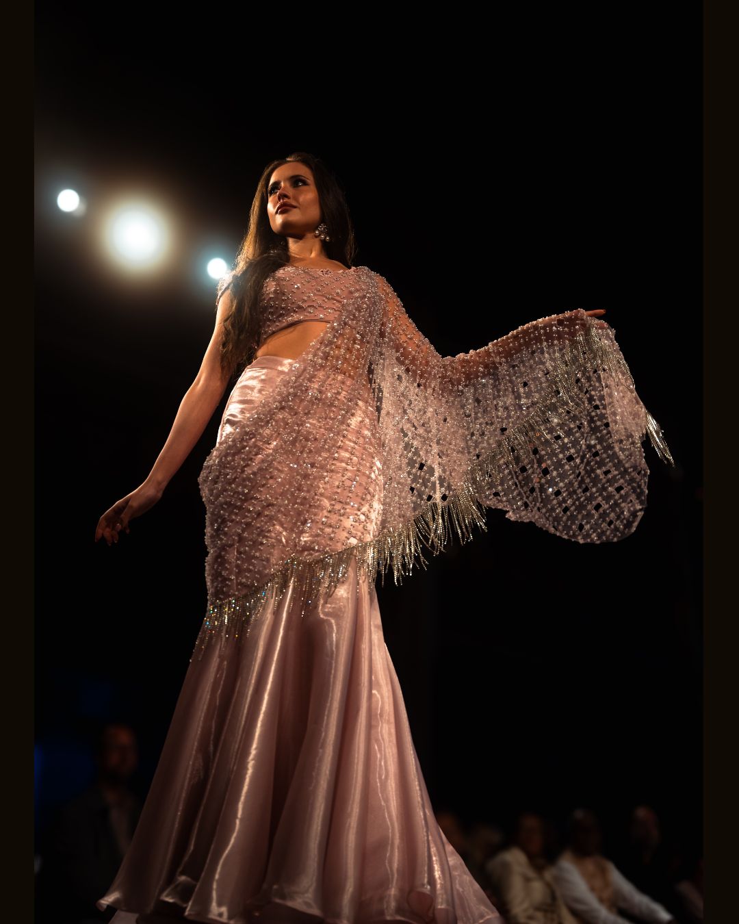 Blush Pink Embellished Mermaid Gown with Crystal Fringe Cape – Designer Dream Collection