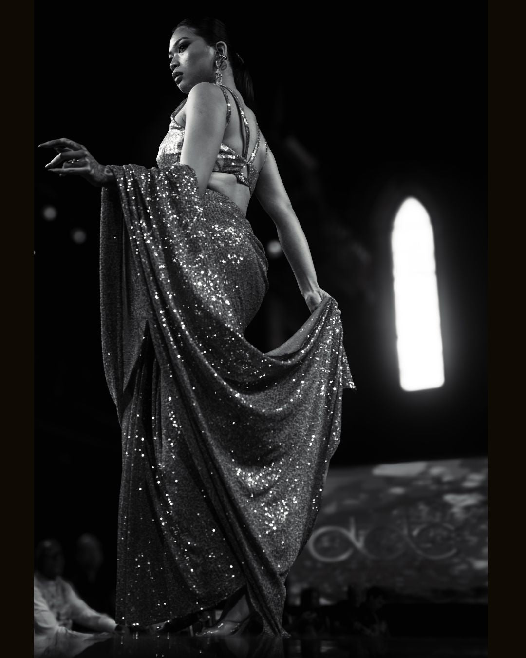 Silver Sequin Drape Saree Gown with Strappy Blouse – Designer Dream Collection