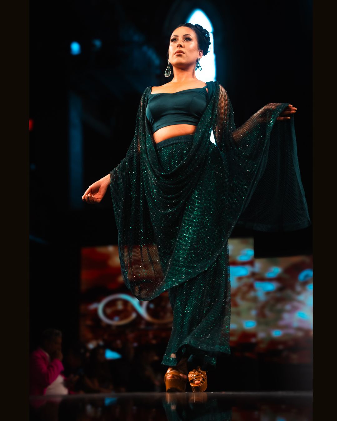 Emerald Green Sequined Saree Gown with Draped Cape – Designer Dream Collection