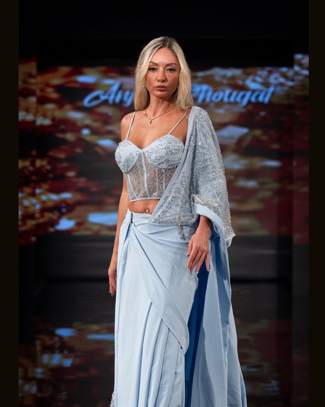 Powder Blue Embellished Corset Saree Gown with Draped Pallu – Designer Dream Collection