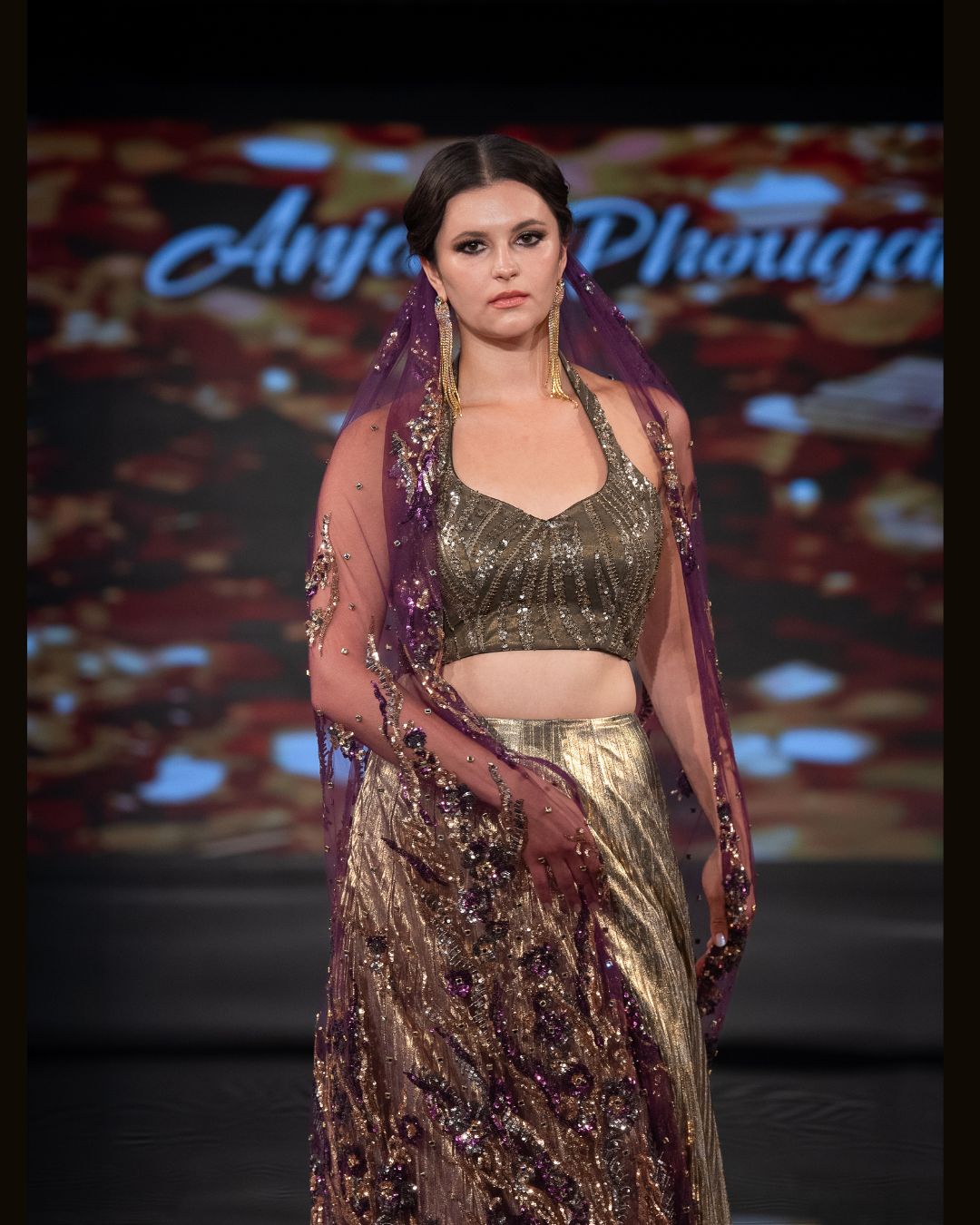 Gold Metallic Pleated Skirt Set with Embellished Halter Blouse & Sheer Veil – Designer Dream Collection