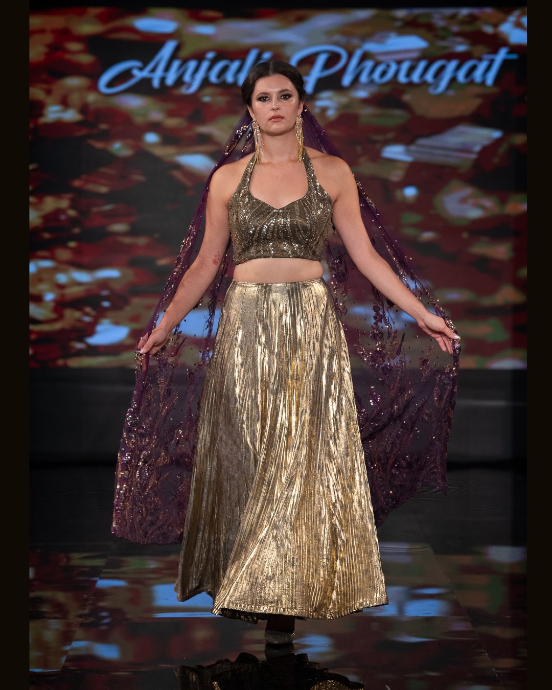 Gold Metallic Pleated Skirt Set with Embellished Halter Blouse & Sheer Veil – Designer Dream Collection