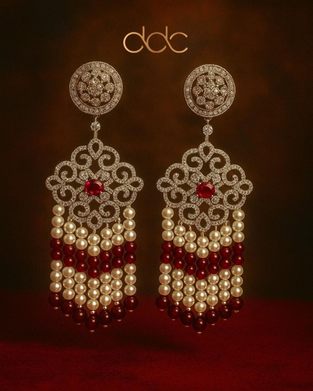 Regal Ruby & Pearl Chandelier Earrings with Diamond Filigree