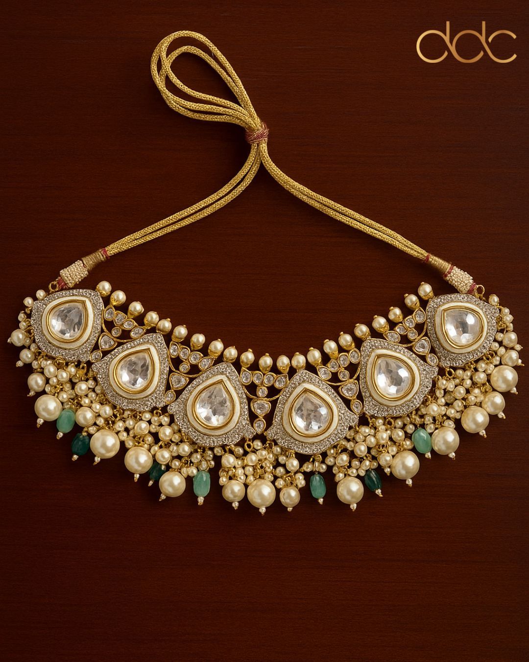 Kundan Pearl Bridal Choker Necklace with Emerald Beads | Designer Polki Jewelry