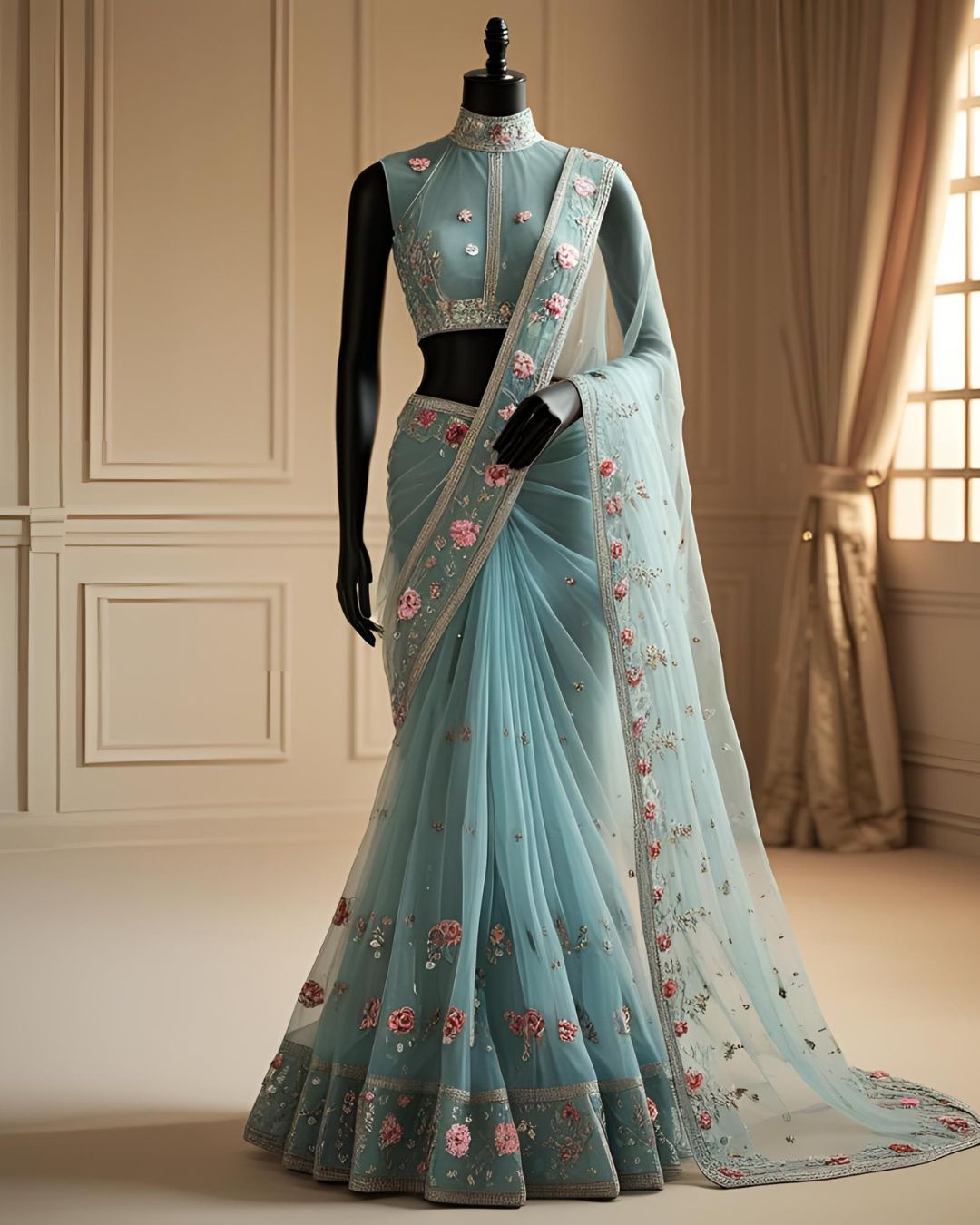 Powder Blue Floral Embroidered Tulle Saree Set