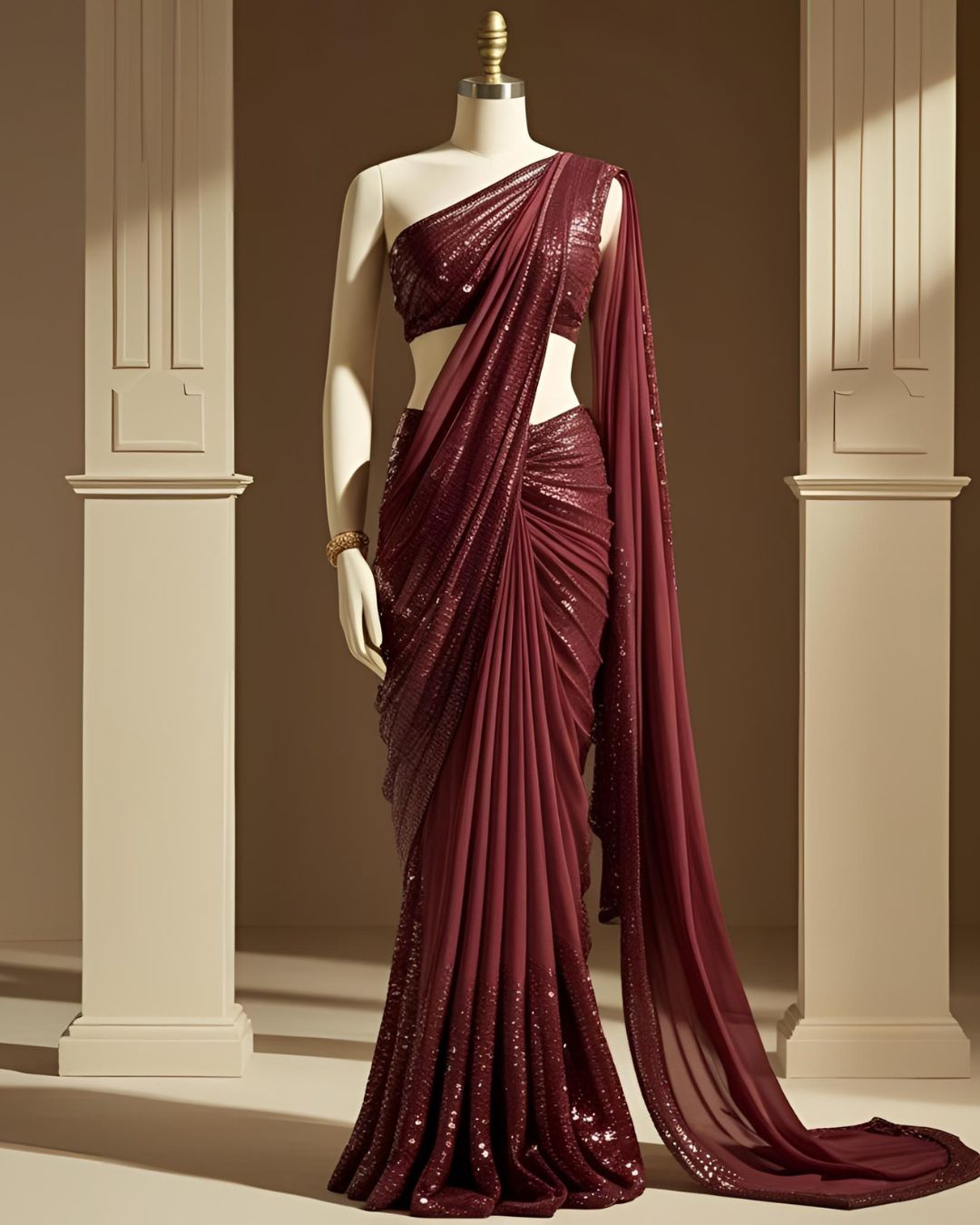 Garnet Glow Sequin Drape Saree Set
