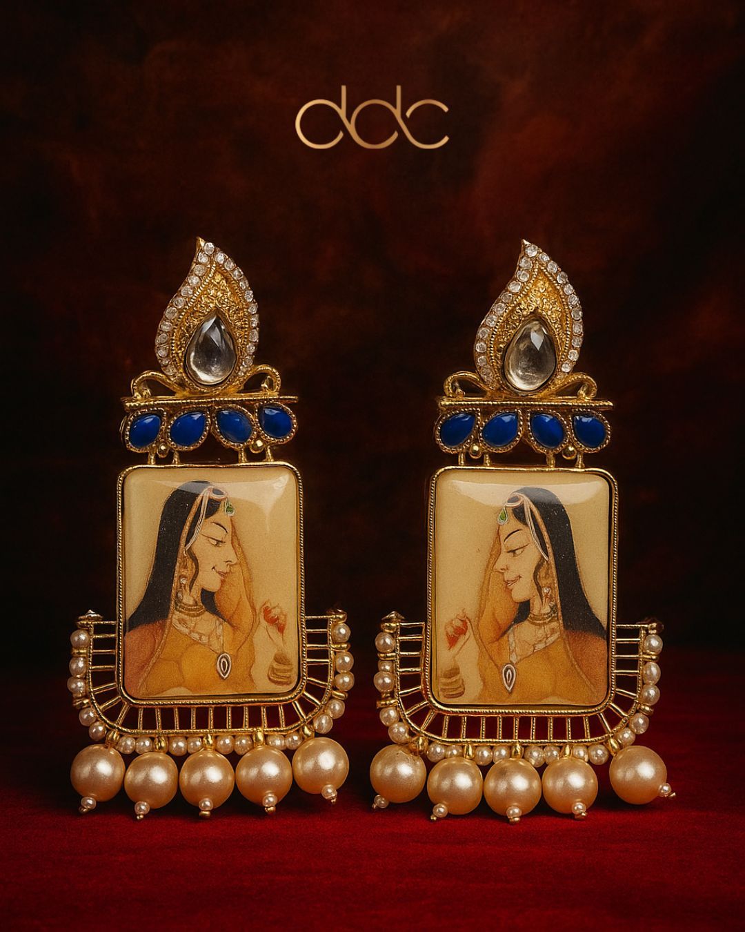 Hand-Painted Mughal Art Earrings with Pearl Drops & Kundan Accents