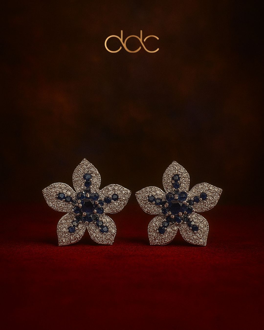 Midnight Sapphire Floral Stud Earrings with Pave Diamond Accents
