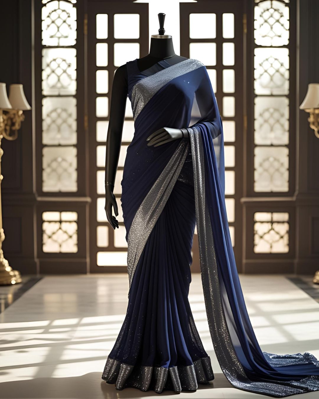 Midnight Sapphire Sequined Saree Set