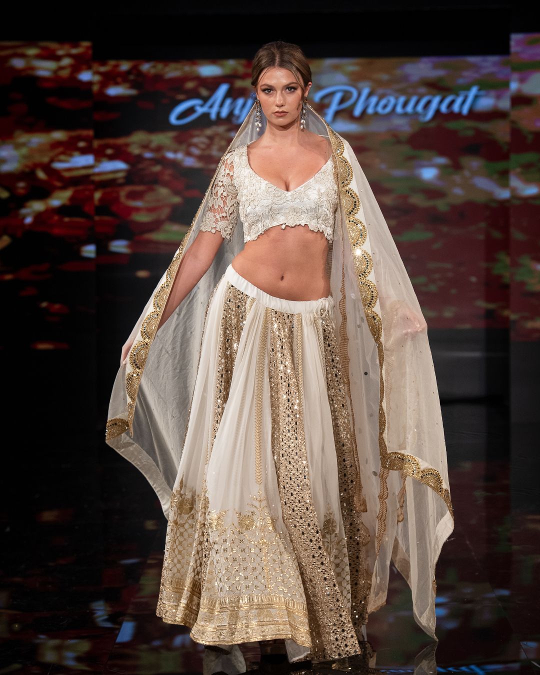 Ivory & Gold Hand-Embroidered Sequin Lehenga with Dupatta