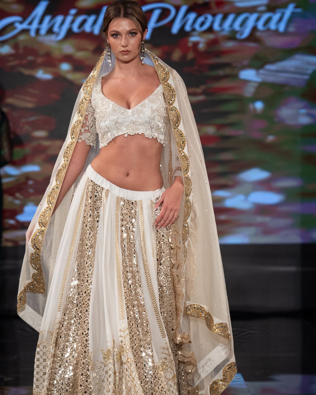Ivory & Gold Hand-Embroidered Sequin Lehenga with Dupatta