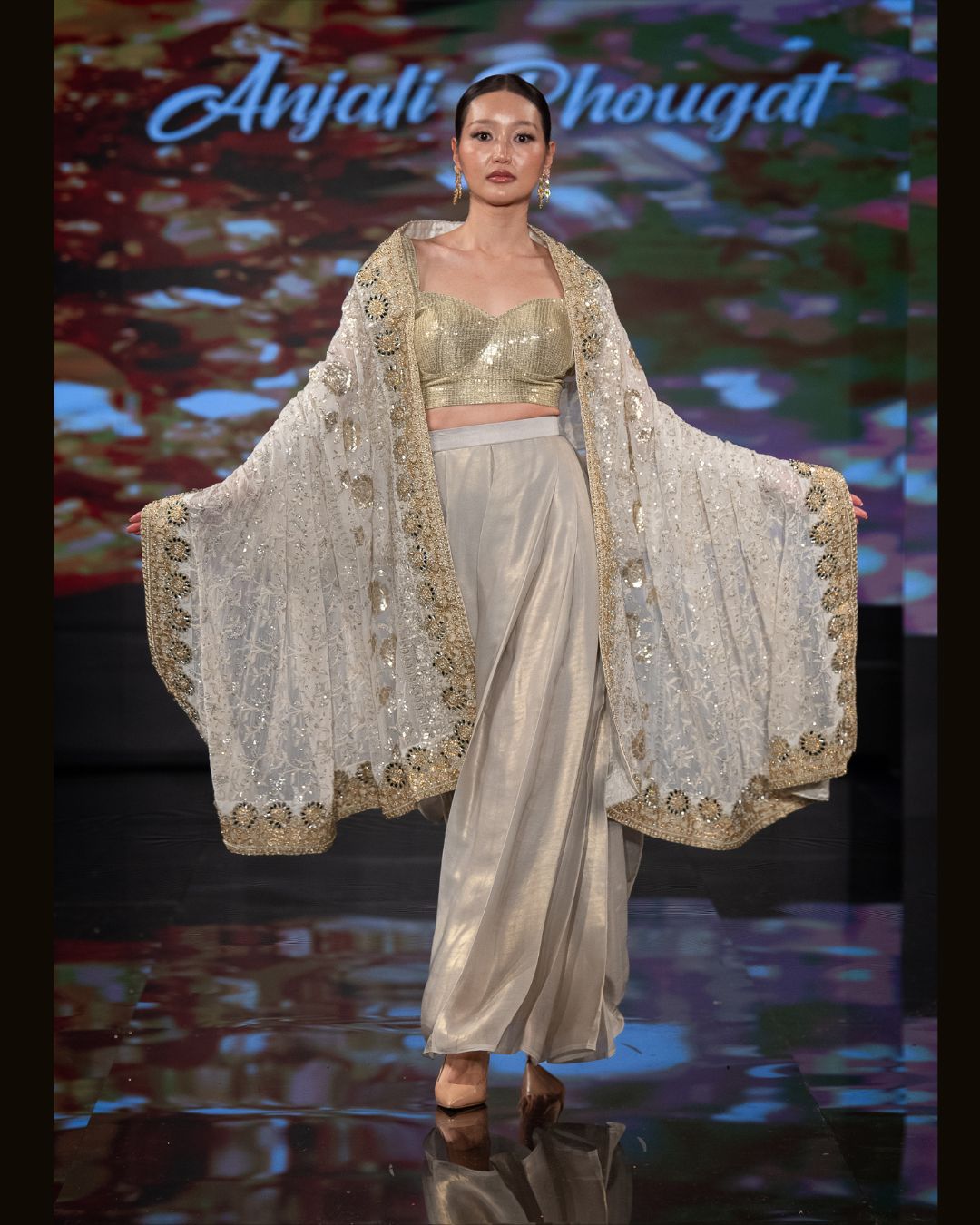 Ivory Silk Palazzo Set with Golden Sequin Blouse & Embroidered Cape – Couture by Anjali Phougat