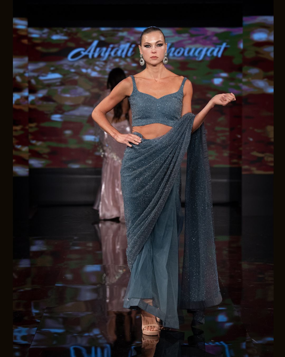 Midnight Blue Shimmer Net Saree with Designer Blouse – Luxury Couture by Anjali Phougat