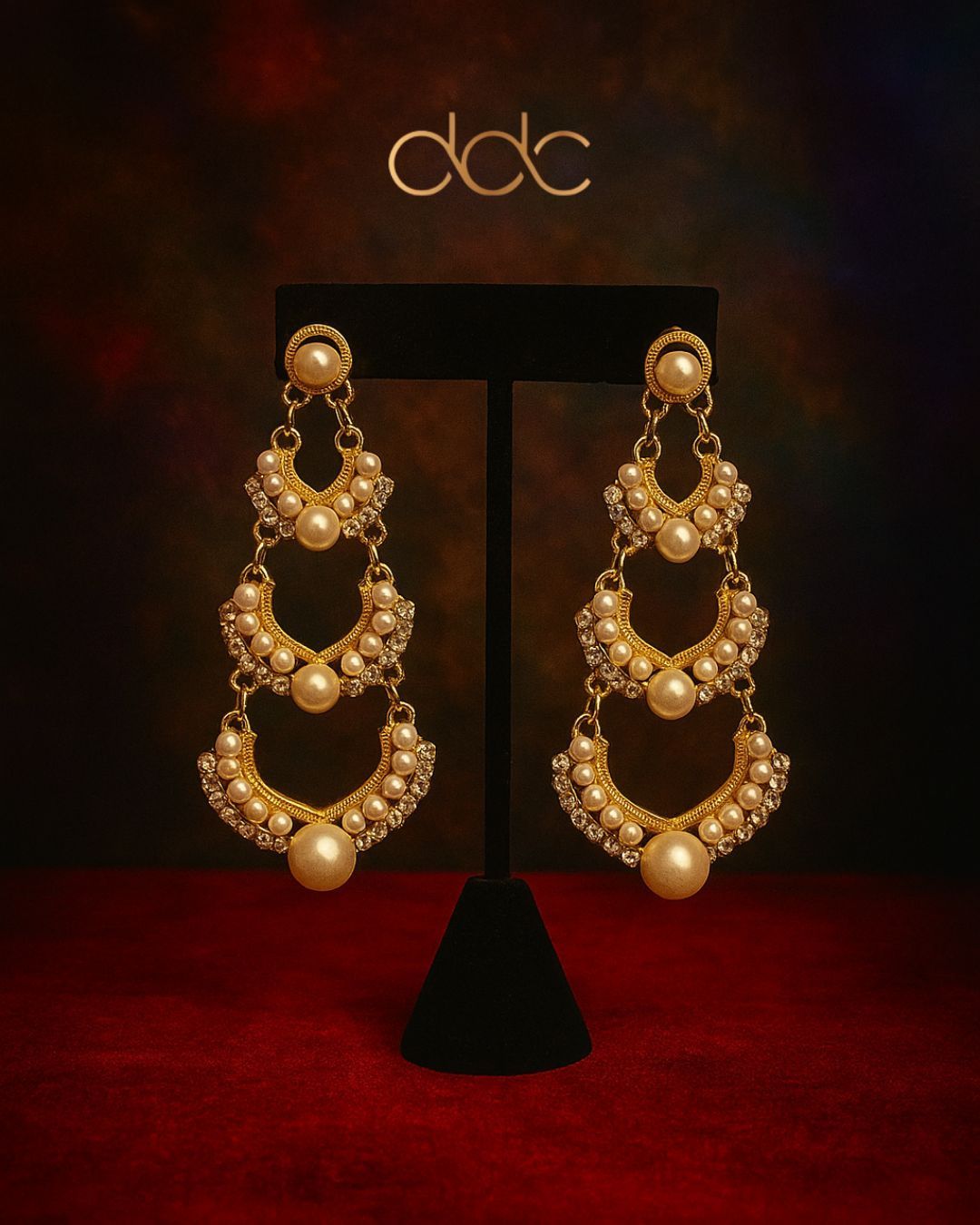 Triple Crescent Gold Pearl Drop Earrings with Crystal Accents