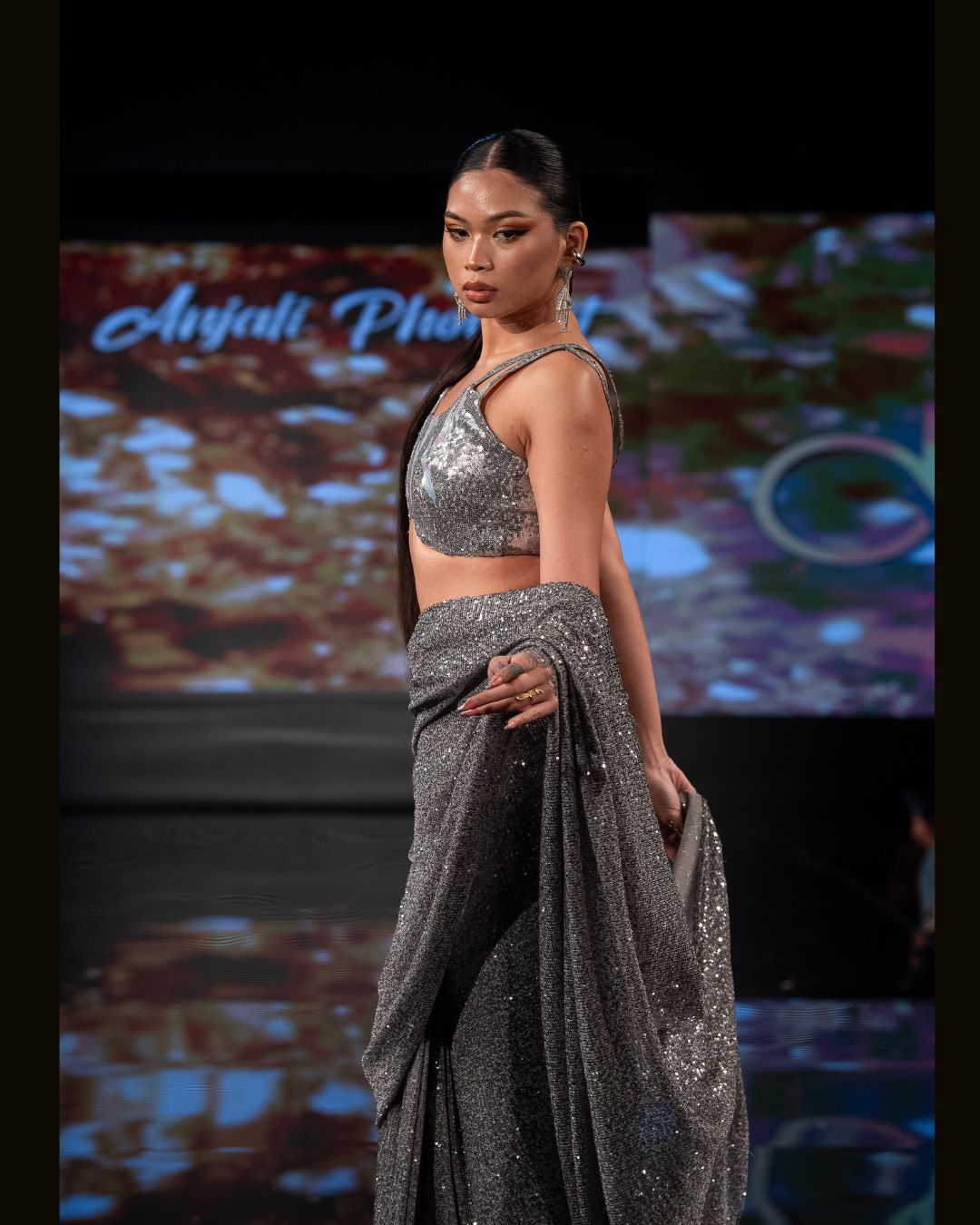Silver Sequin Drape Saree Gown with Strappy Blouse – Designer Dream Collection